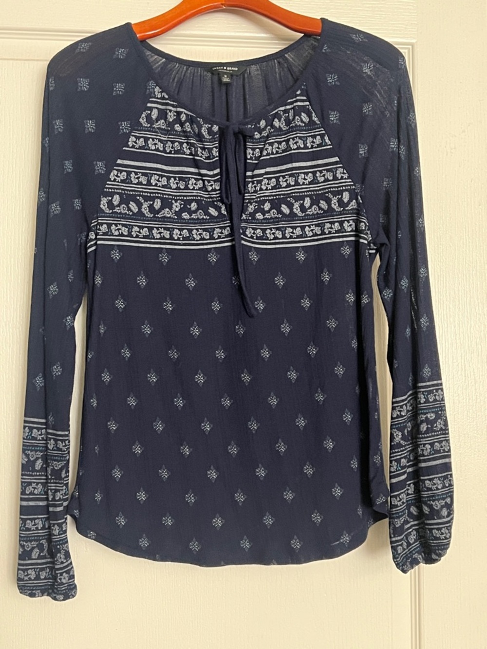 Lucky Brand Navy Blue Printed Peasant Blouse